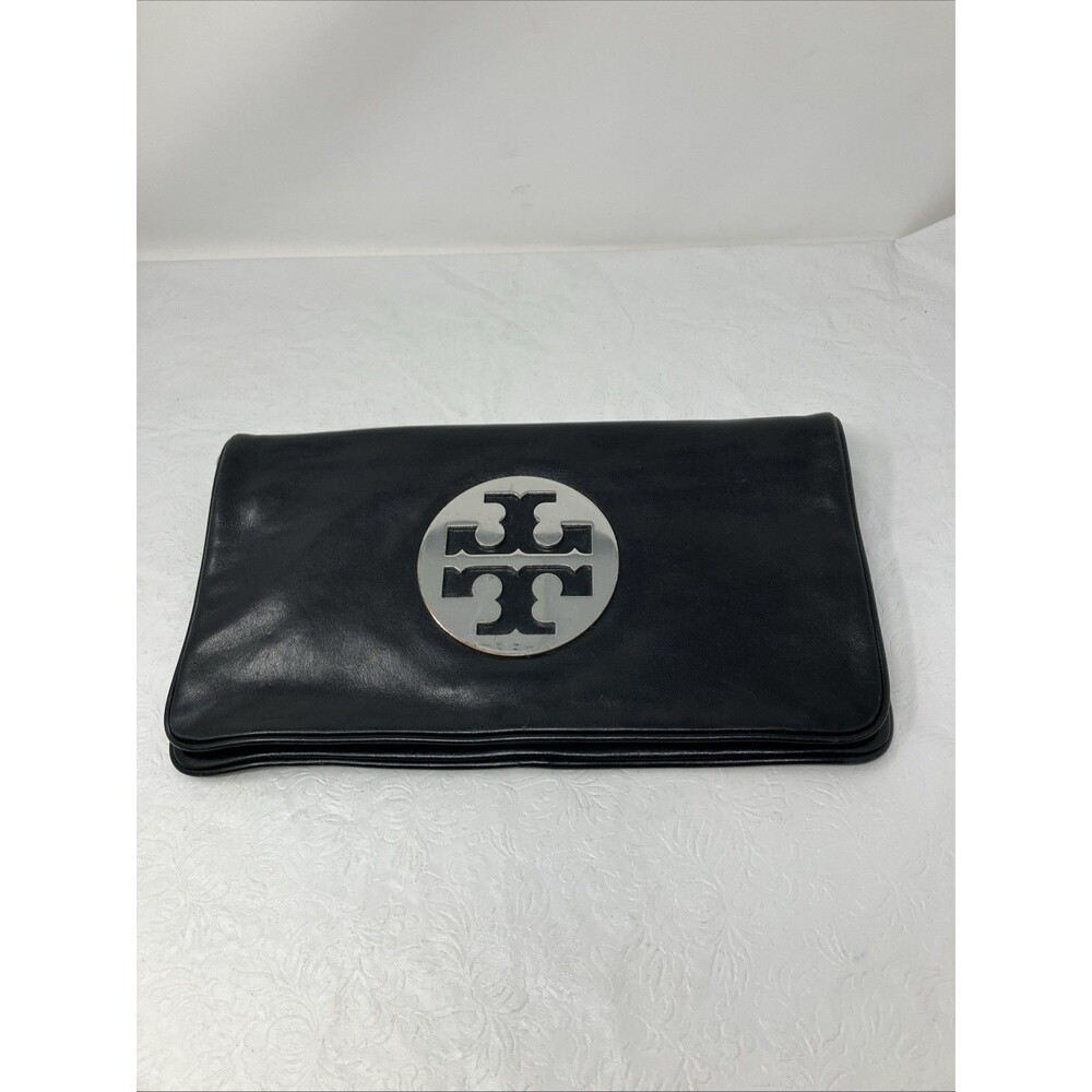 Tory Burch Bombe Reva Clutch Bag Black Leather Silver NO STRAP